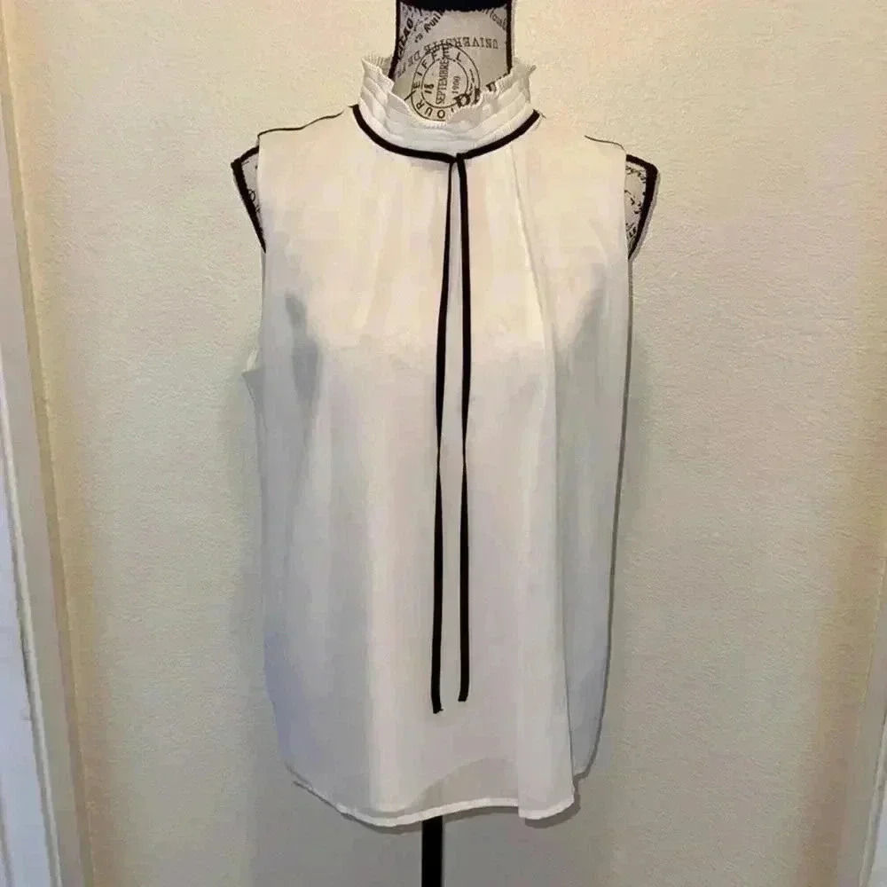 Karl Lagerfeld Paris Sleeveless white w/ black ties blouse womens size medium